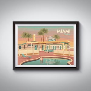 Póster de viaje de Miami, Florida, EE. UU., Impresión retro de Miami, Arte de motel vintage, Americana, Ruta 66, Póster de Parque Nacional, Vacaciones de primavera, Ciudad Mágica