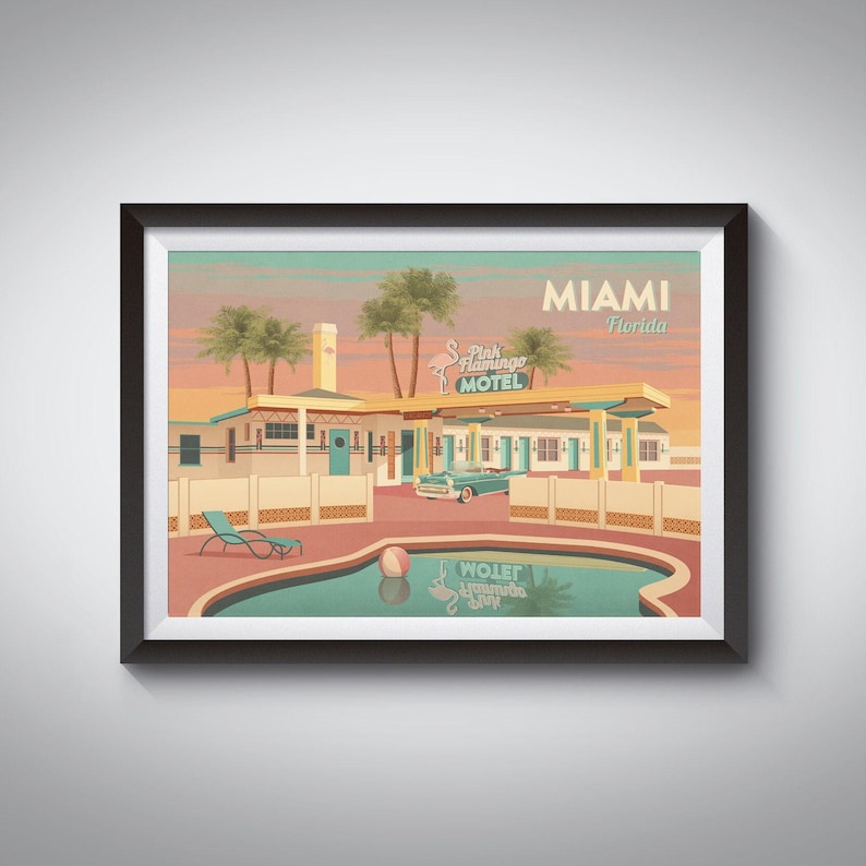 Miami Florida Reise Poster, USA, Retro Miami Druck, Vintage Hottel Art, Americana, Route 66, Nationalpark Poster, Spring Break, Magic City Bild 1