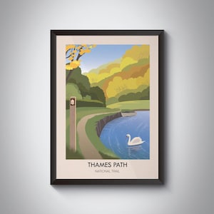 Thames Path National Trail Poster, Travel Print, River Thames, Hiking Gift, London, Richmond, Putney, Henley, Vintage Art, National Park