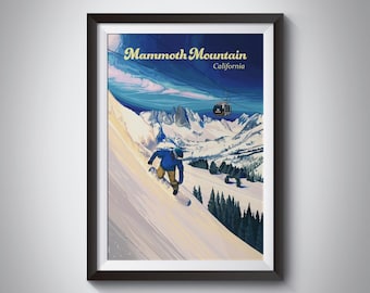 Mammoth Mountain Snowboarding Poster, California Travel Poster, Skiing Print, Vintage Ski Poster, Mammoth Lake, Framed Print, Ski Resort Art