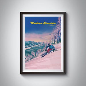 Póster de la estación de esquí Windham Mountain, Nueva York, EE. UU., impresión de viaje vintage, snowboard, montañas Catskill, arte de esquí, arte mural retro enmarcado.
