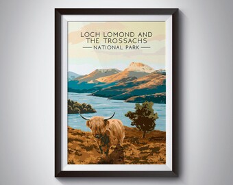 Loch Lomond & The Trossachs National Park Poster, Retro Travel Print, Highland Cow, Scotland, Scottish Highlands, Cairngorms, Loch Ness