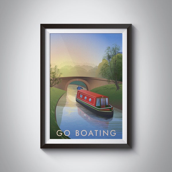 Go Boating Art Print, Narrowboat, UK Canals, Wildlife, Sailing, Narrowboating, Retro Travel Poster, Vintage Boat Art, Canalware Painting