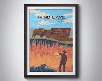 Wind Cave National Park Poster, South Dakota, USA Reisedruck, Bison, Prärie, Wandern, Höhlen, Vintage Poster, Retro Wandkunst, gerahmter Druck