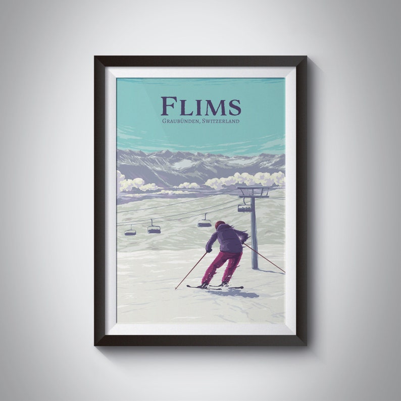 Flims Ski Resort Poster, Switzerland, Flims Laax Falera, Imboden Region, Snowboarding, Vintage Travel Print, Retro Skiing Art, Swiss Alps image 1