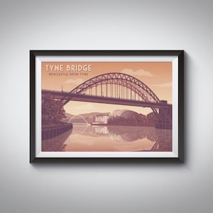 Poster di viaggio del Tyne Bridge, Newcastle Upon Tyne, Gateshead Sage, Millennium Bridge, fiume Tyne, architettura, stampa di viaggio vintage, arte murale