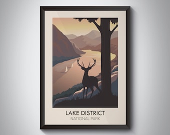 Lake District National Park Poster, Ullswater Lake, Keswick Cumbria, Retro Vintage Travel Poster, UK National Park, Windermere, Framed Print