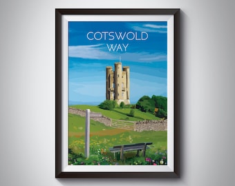 Cotswold Way National Trail Poster, National Park, The Cotswolds, Broadway Tower, Worcestershire, England, Painting, Travel Print, Gift