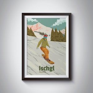 Ischgl Snowboarden Poster, Oostenrijk Travel Print, Paznauntal, Ski Resort, St Anton, Skiseizoen, Tirol, Vintage Ski Art, Ski Gift