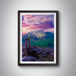 Cartel de Ben Nevis, arte de senderismo, impresión, montañas, senderismo, arte al aire libre, Escocia, Fort William, campo, desafío de 3 picos, Reino Unido