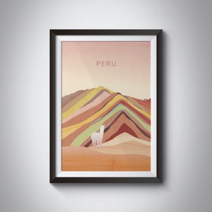 Peru Minimal Travel Poster, Cusco, Rainbow Mountains, Alpaca, Peruvian, South America, Retro Travel Print, Lima, Machu Picchu, Framed Art
