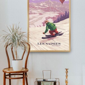 Cartel de la estación de esquí de Les Saisies, Francia, Espace Diamant, Hauteluce, Alpes franceses, Saboya, Albertville, Vintage Travel Print, Snowboard Art imagen 4