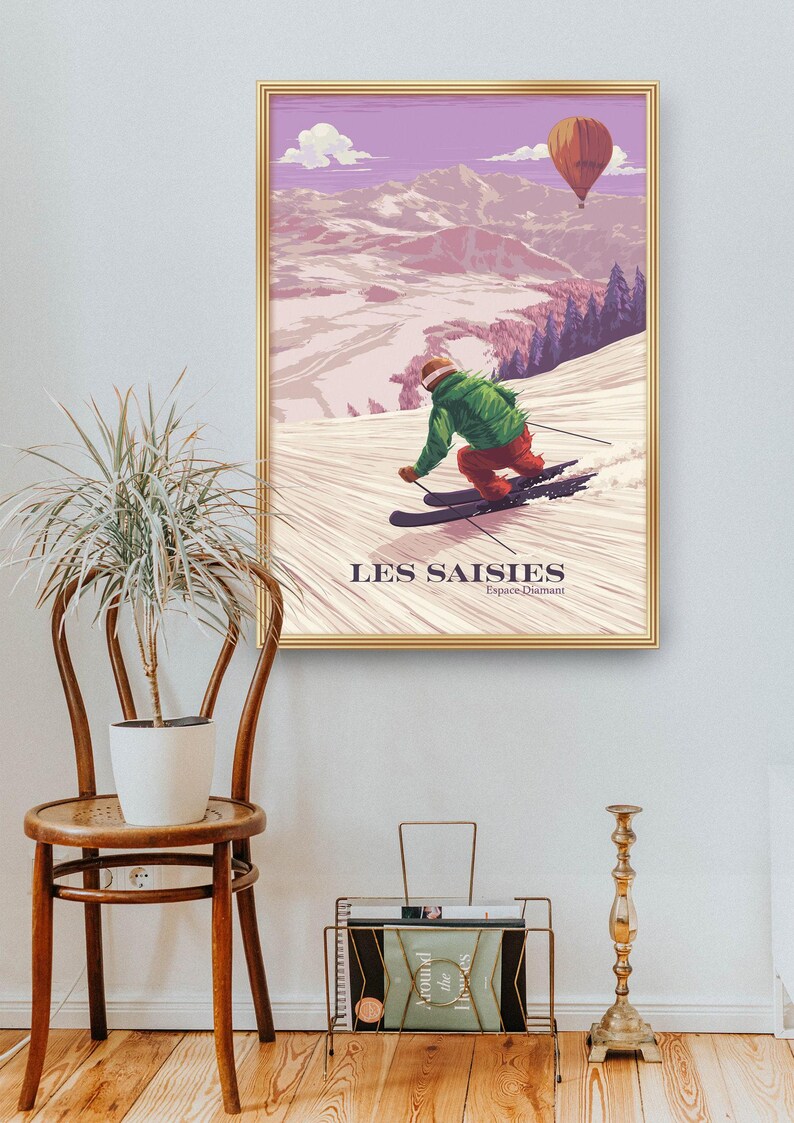 Cartel de la estación de esquí de Les Saisies, Francia, Espace Diamant, Hauteluce, Alpes franceses, Saboya, Albertville, Vintage Travel Print, Snowboard Art imagen 4