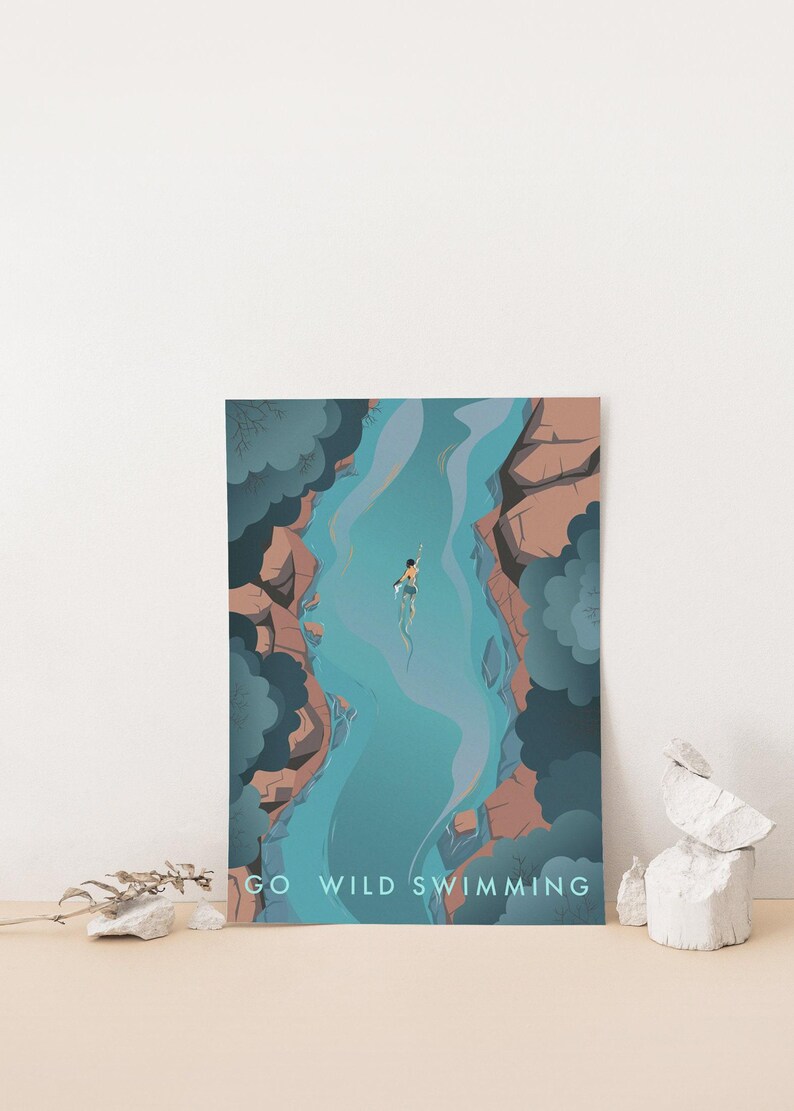 Go Wild Swimming Print, Travel Poster, Outdoor Swimming, Adventure, Swimmer Gift, Wall Art Decor, Hiking, National Park, Painting, Triathlon image 2