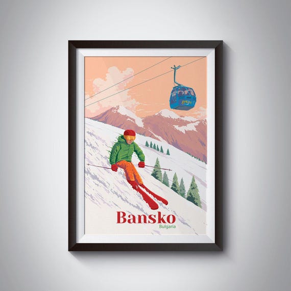 Bansko Bulgaria Ski Resort Poster, Travel Poster, Wall Art, Snowboarding, Vintage Skiing Print, Retro Ski Artwork, Gift for Skier, Mountains