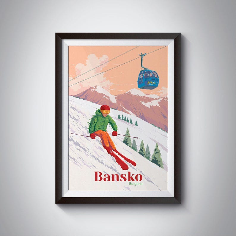 Bansko Bulgaria Ski Resort Poster, Travel Poster, Wall Art, Snowboarding, Vintage Skiing Print, Retro Ski Artwork, Gift for Skier, Mountains image 1