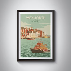 Weymouth Travel Poster, Dorset Seaside Print, Retro Wall Art, Railway Print, Harbour, Jurassic Coast, Chesil Beach, Lulworth Cove