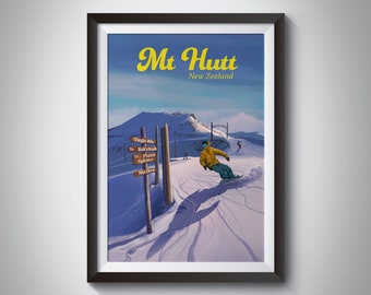 Mt Hutt Snowboarding Poster, Mount Hutt New Zealand, Vintage Ski Resort Print, Skiing Wall Art, Christchurch, The Remarkables, Travel Poster