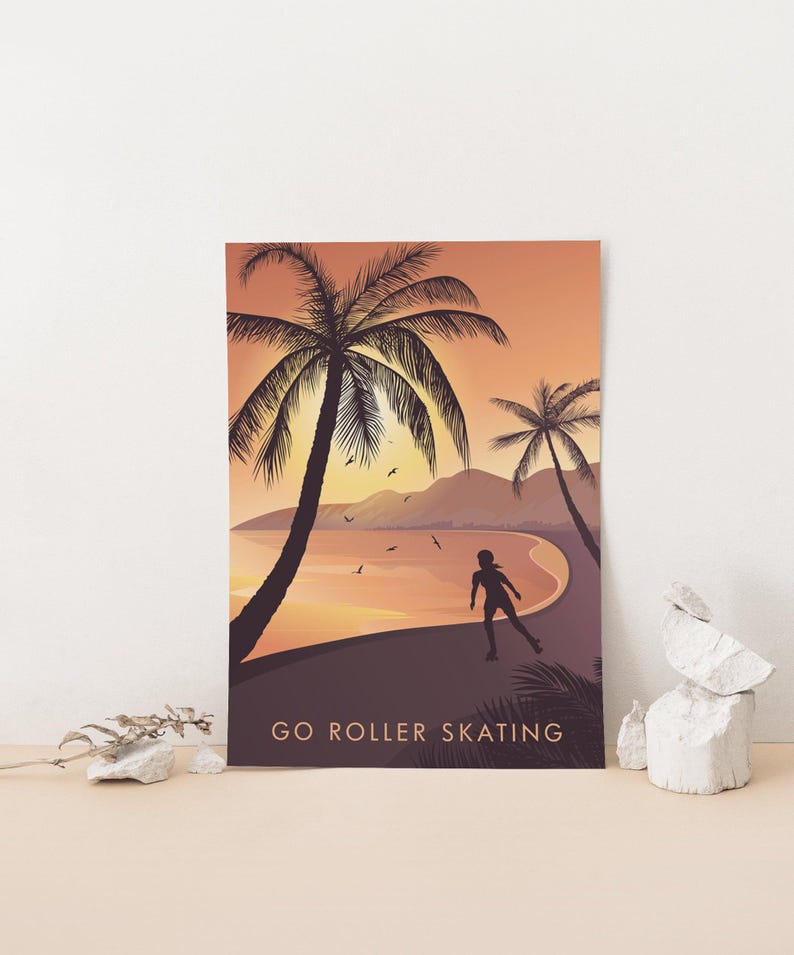 Go Roller Skating Art Print, Outdoor Hobbies, Roller Blading, Vintage Travel Poster, Outdoor Activities, Framed Print, Retro Skating Gift image 2