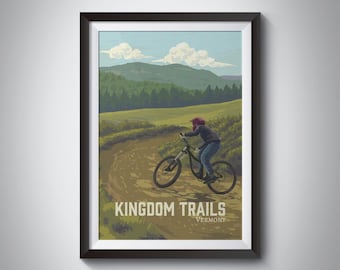 Kingdom Trails Vermont Mountain Biking Travel Poster, USA, MTB, Vintage Travel Print, Hiking Trails, Bike Routes, Retro Artwork, Framed Gift