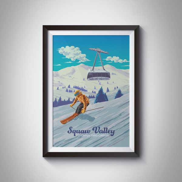 Squaw Valley Ski Resort Poster, Alpine Meadows, Lake Tahoe California Travel Poster, Vintage Skiing Print, Snowboarding, Wall Art, Framed