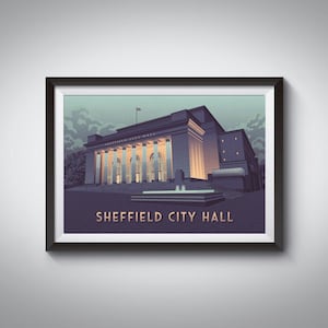 Sheffield City Hall Poster, Music Venue, Gigs, Vintage Travel Print, Barker's Pool, Architecture, Comedy, Theatre, Arts, Yorkshire, Music