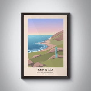 Kintyre Way Poster, Scotland&#39;s Great Trails, Kintyre Peninsula, Tarbert, Machrihanish, Vintage Travel Print, Hiking Gift, Jura Arran, Framed