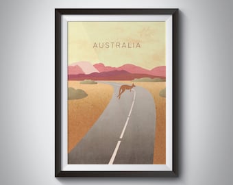 Australia Minimal Travel Poster, Kangaroo, Uluru, Sydney, Melbourne, Down Under, Road Trip, Wall Art Print, Framed, Home Decor, Backpacking