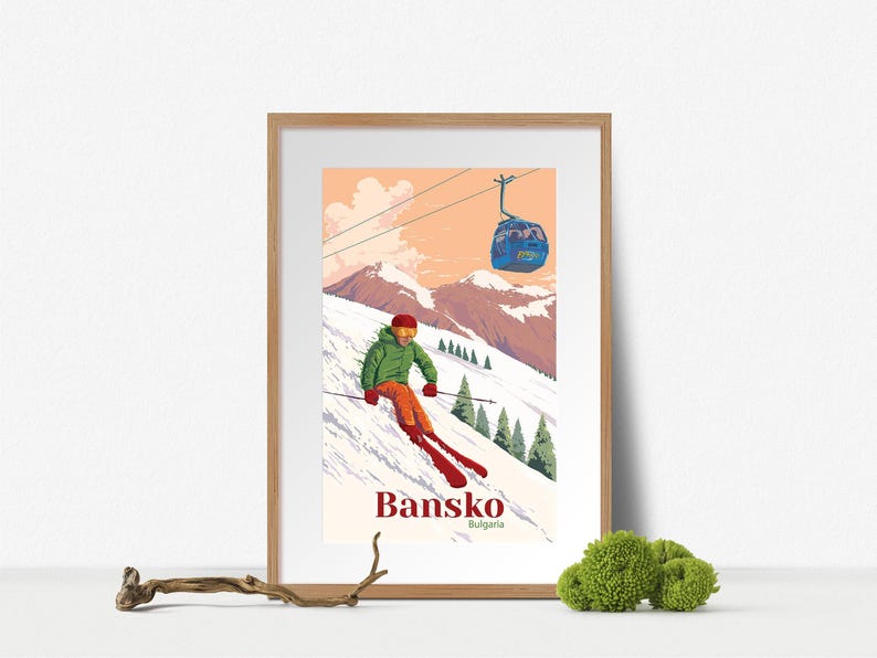 Bansko Bulgaria Ski Resort Poster, Travel Poster, Wall Art, Snowboarding, Vintage Skiing Print, Retro Ski Artwork, Gift for Skier, Mountains image 5
