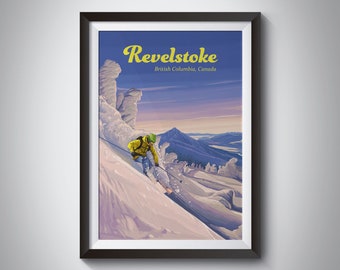 Revelstoke Ski Resort Poster, British Columbia Kanada Reise Poster, Mountain Resort Print, Wandkunst, gerahmter Druck, Vintage Ski Poster, Geschenk