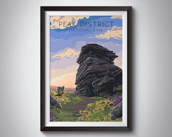 Peak District National Park Poster, Salt Cellar, Mother Cap, Climbing, Hiking, Derbyshire, UK, England, Vintage Travel Print, Lake District