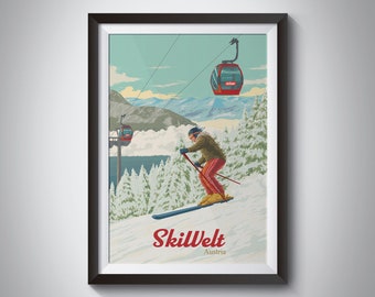 SkiWelt Austria Ski Resort Poster, Ski Poster, Ski Gondel Wandkunst, Reise Poster, Wilder Kaiser, Söll, Hopfgarten, Retro Ski Poster