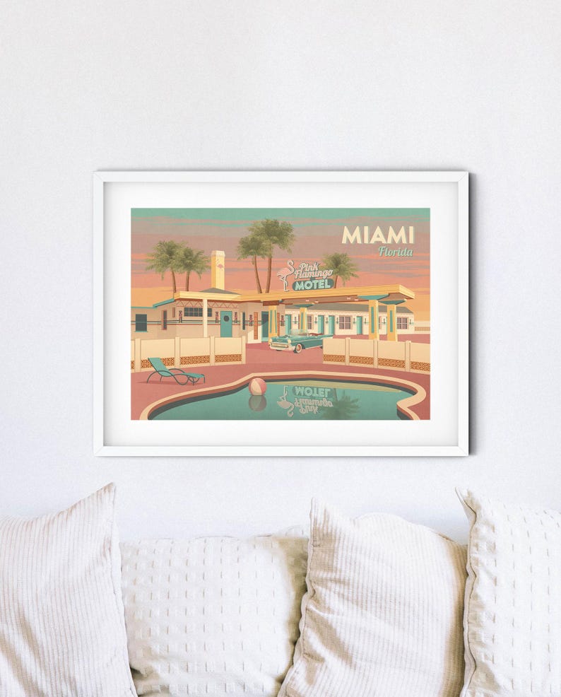 Miami Florida Reise Poster, USA, Retro Miami Druck, Vintage Hottel Art, Americana, Route 66, Nationalpark Poster, Spring Break, Magic City Bild 6