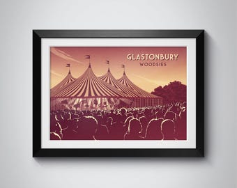 Póster del escenario Woodsies del Festival de Glastonbury, Carpa John Peel, Impresión de Glastonbury, Arte del festival de música, Regalo de Glastonbury, Música en vivo, Póster de viaje