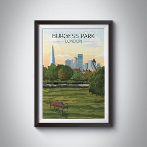 Burgess Park London poster, reizen print, Southwark, South East London, Skyline Art, Parkrun, Camberwell, Peckham, Bermondsey, Walworth