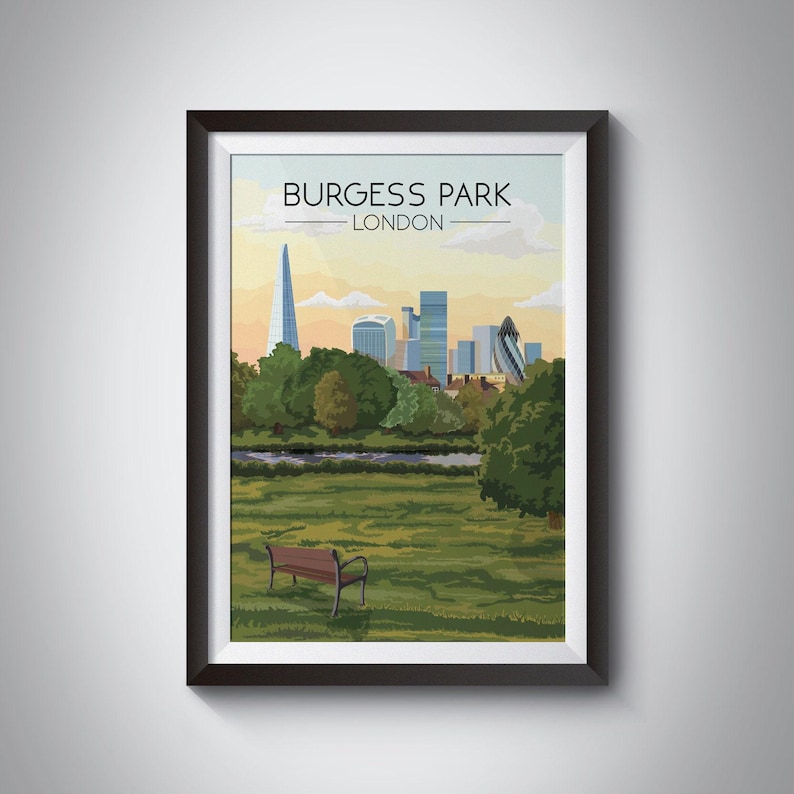 Burgess Park London Poster, Travel Print, Southwark, South East London, Skyline Art, Parkrun, Camberwell, Peckham, Bermondsey, Walworth image 1