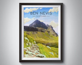 Ben Nevis-print, wandelen, poster nationaal park, bergen, wandelen, buiten, Schotland, Fort William, wandelen, Three Peaks Challenge, VK