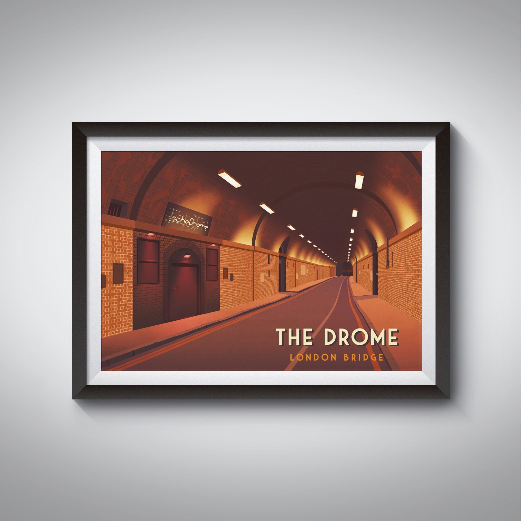 The Drome Nightclub Poster, London Bridge, Musikveranstaltungsort, Clubbing, Vintage Reiseplakat, Superclub, SeOne, Architektur, Stoff, Turnmills