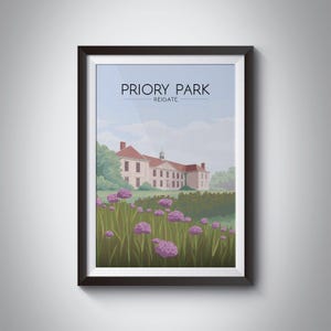 Priory Park Travel Poster, Reigate Surrey Print, Reigate Priory Museum, Reigate Heath, Wall Art Gift, Framed Print, England, Reigate Hill