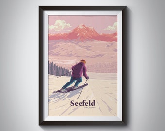 Seefeld Ski Resort Poster, Tirol Austria, Tyrol, Vintage Travel Print, Snowboarding, St Anton, Gschwandtkopf, Rosshütte, Retro Wall Art