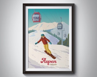 Aspen Colorado Snowboarding Poster, Skiing Print, Aspen Snowmass Ski Resort, Mountain, Breckenridge, Vintage Ski Print, Art Illustration