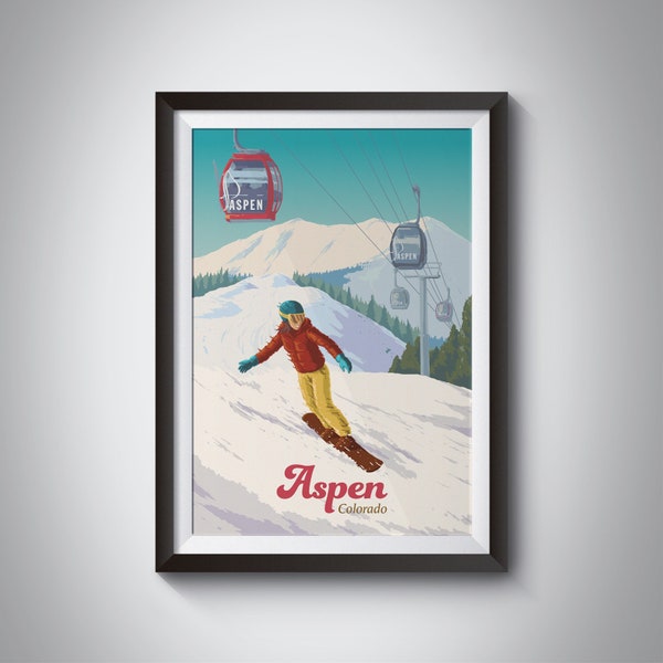 Aspen Colorado Snowboarding Poster, Skiing Print, Aspen Snowmass Ski Resort, Mountain, Breckenridge, Vintage Ski Print, Art Illustration