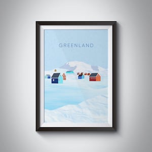 Grönland Minimal Reiseposter, Nuuk, Reisedruck, Dänemark, Skandinavische Wandkunst, Island, Nordlichter, farbige Gebäude, gerahmt