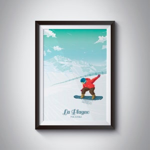 La Plagne Snowboarding Poster, Paradiski, French Alps, Ski Resort Print, Retro, Vintage, Mountain Wall Art, Snowboard Gift, Les Arcs
