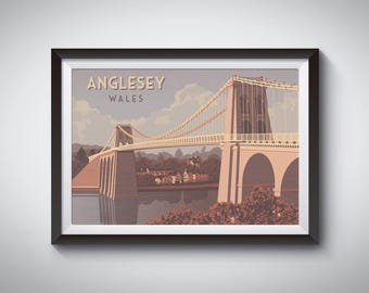Anglesey Wales Travel Poster, North Wales Framed Print, Menai Suspension Bridge, Welsh Wall Art, Vintage Railway Poster, Seaside Nature Art