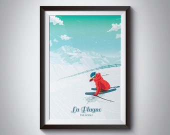 La Plagne Poster, Paradiski, French Alps, Ski Resort Print, Retro, Vintage Wall Art, Skiing Gift, Seasonaire, Snowboarding, Ski Gondola Gift