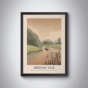 Póster de viaje de Dedham Vale AONB, Essex, Suffolk, río Stour, valle de Stour, condado de Constable, póster de viaje vintage, bote de remos, enmarcado