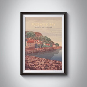 Affiche de voyage de Runswick Bay, North Yorkshire, Scarborough, Whitby, impression de voyage vintage, Cleveland Way, plage, village de pêcheurs, cadeau encadré