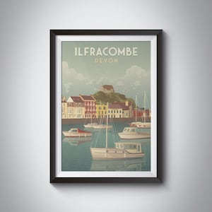 Ilfracombe Devon Travel Poster, Seaside Print, Vintage Travel Poster, Ilfracombe Harbour, Woolacombe, Art Deco, Framed Print, Sailing Art