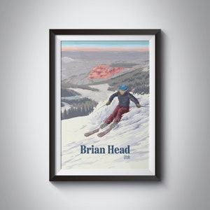 Pôster de viagem da estação de esqui de Brian Head Utah, snowboard, EUA, impressão de esqui vintage, arte retrô, planalto do Colorado, impressão emoldurada, parque nacional